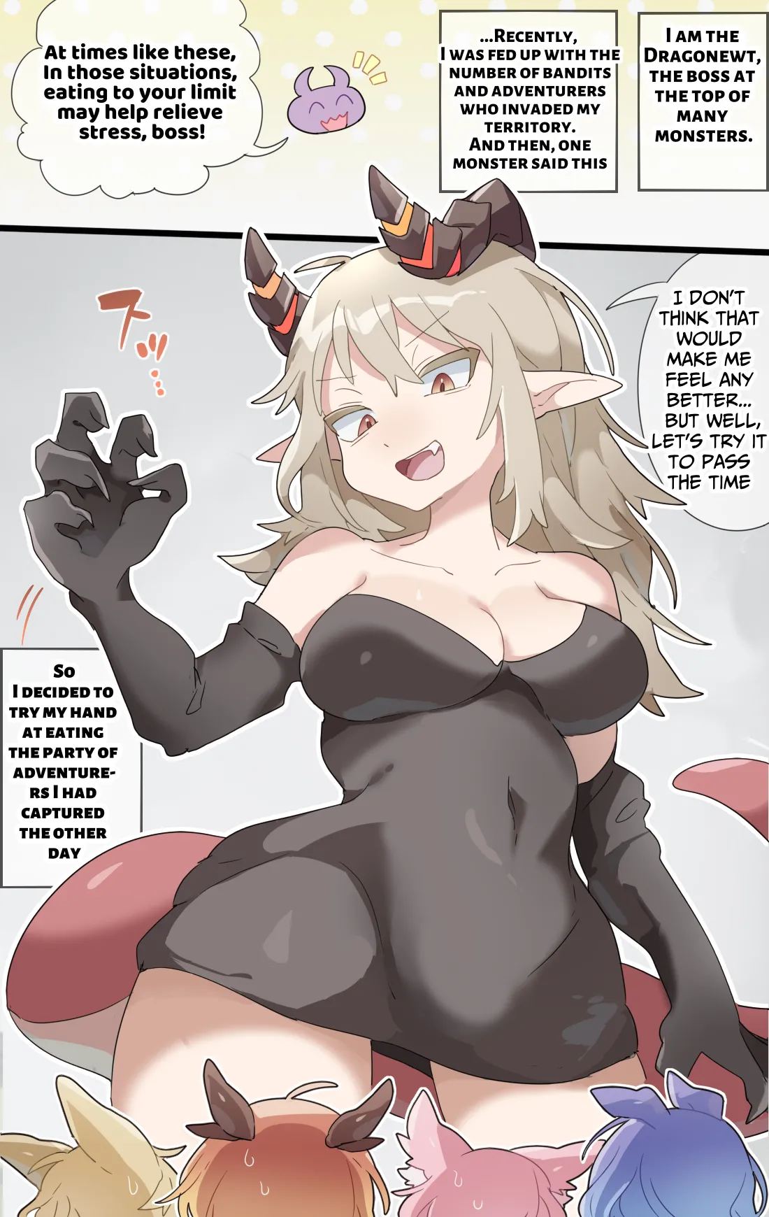 The dragon girl swallows all the adventurers whole in a swollen belly samesize vore comic cover